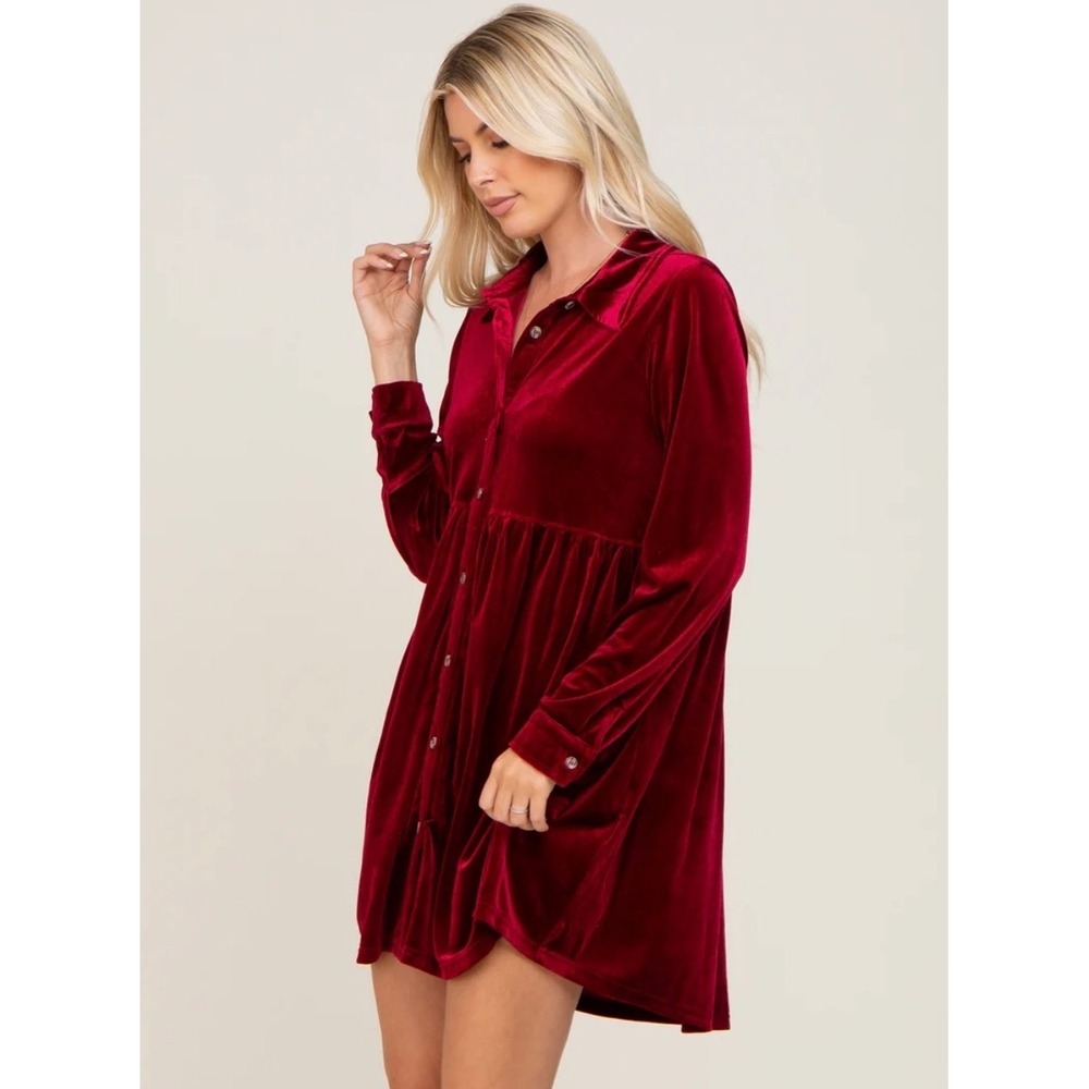 Jodifl Burgundy Velvet Babydoll Button Down Mini Dress G9127 Wine Red Medium